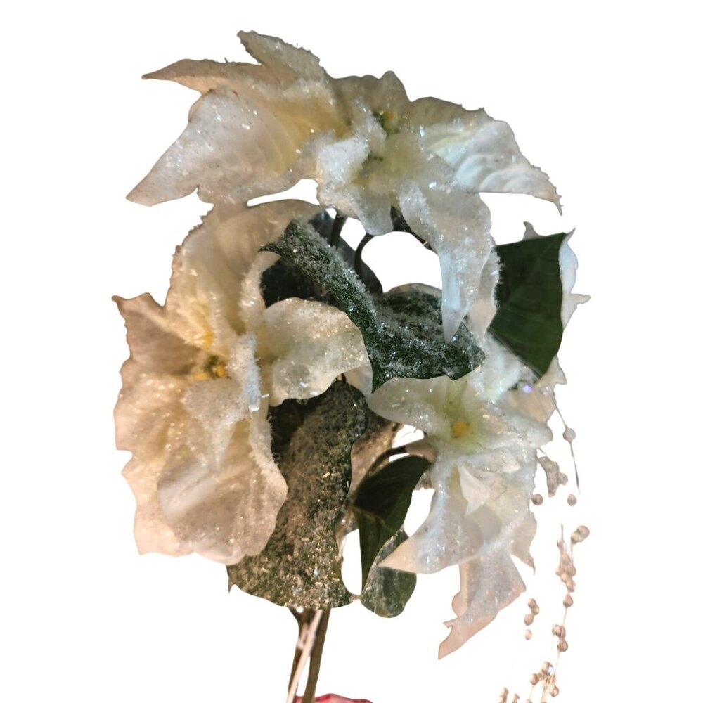 White Glitter Poinsettia Artificial Flowers With Crystal Bead Accents 4 Stems &